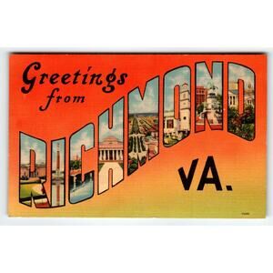 Greetings From Richmond Virginia 1940's Postcard Large Letter Linen Vintage 1942